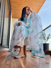 Turquoise blue cotton gingham checks printed kurta set