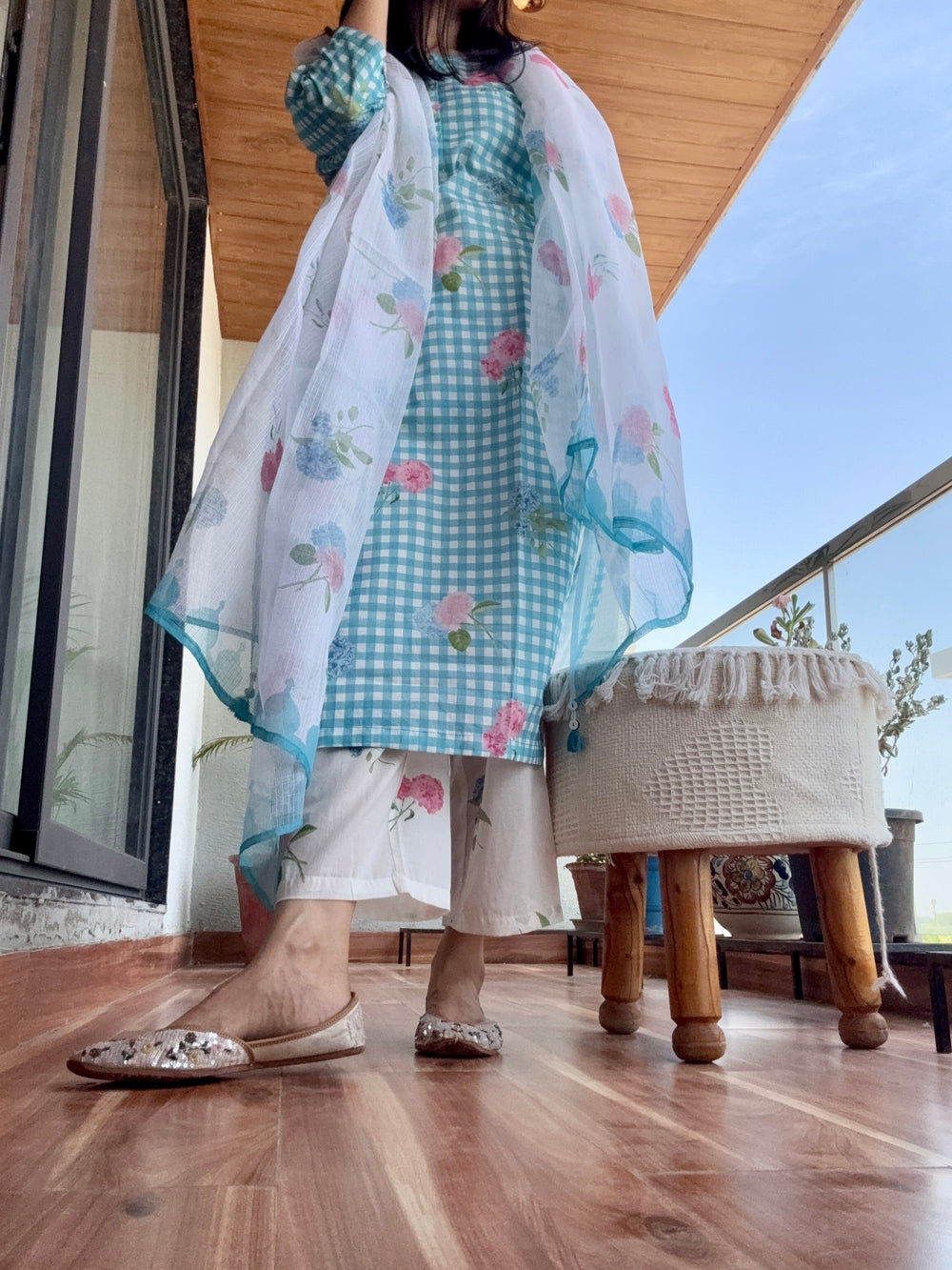 Turquoise blue cotton gingham checks printed kurta set
