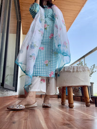 Turquoise blue cotton gingham checks printed kurta set