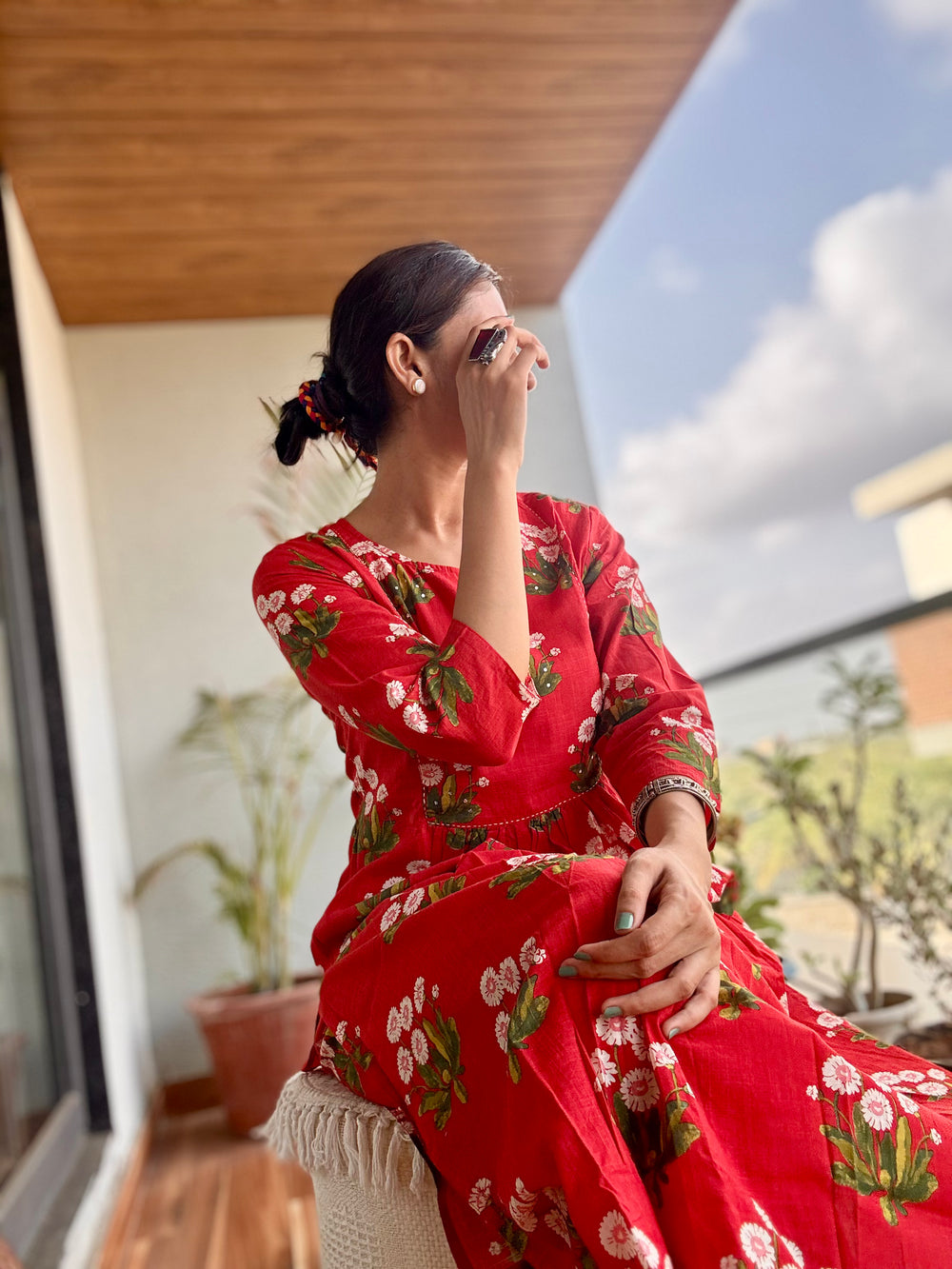 Handblock Red cotton cord set / kurta set