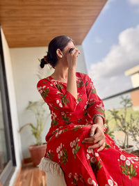 Handblock Red cotton cord set / kurta set