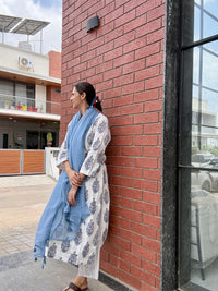 Cotton Dobby handblock kurta set in shades of white & blue