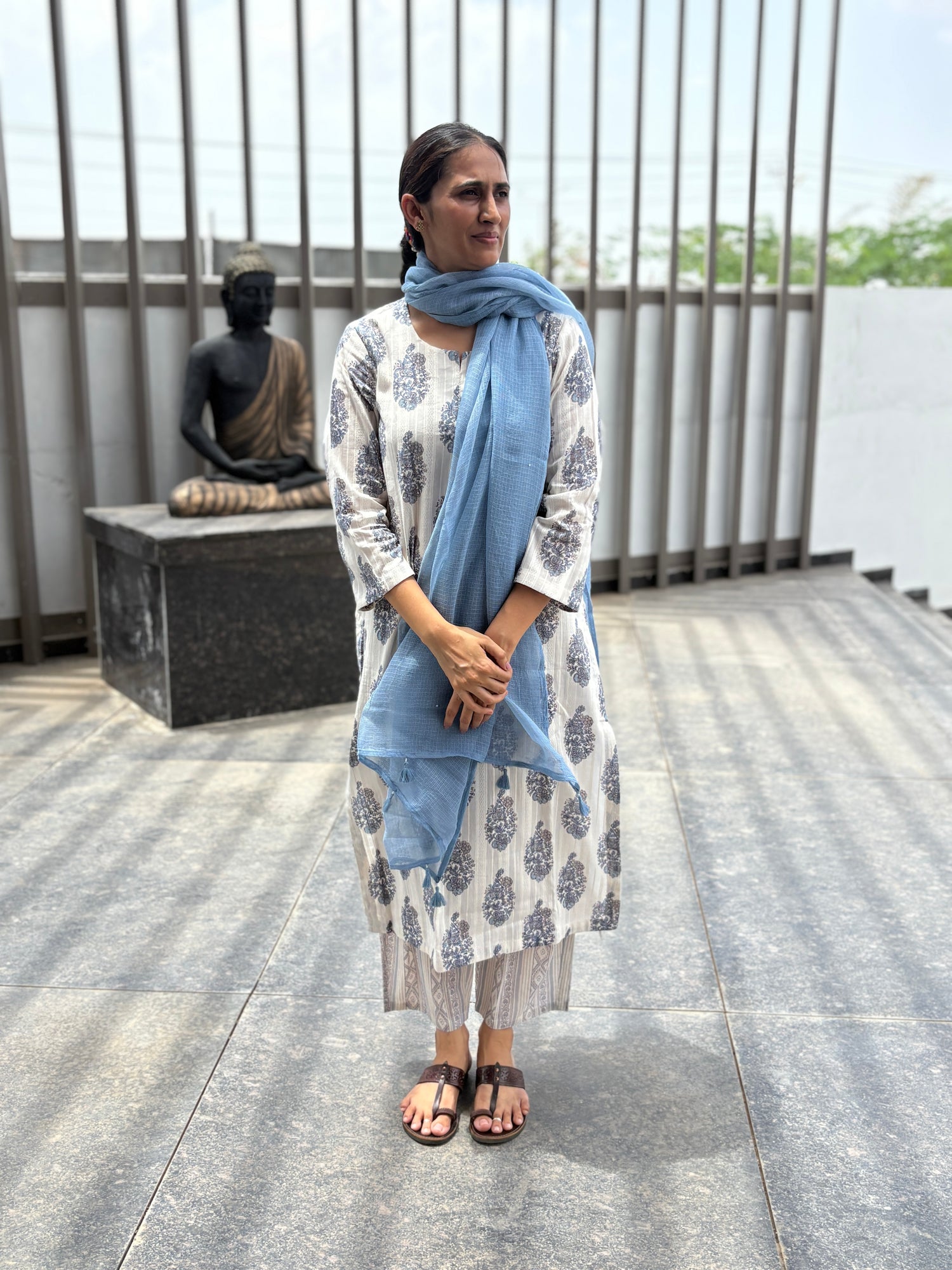 Cotton Dobby handblock kurta set in shades of white & blue