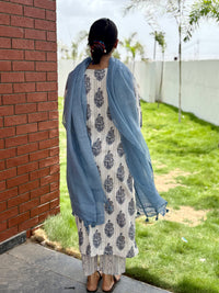 Cotton Dobby handblock kurta set in shades of white & blue
