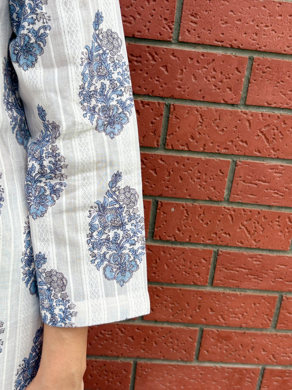 Cotton Dobby handblock kurta set in shades of white & blue