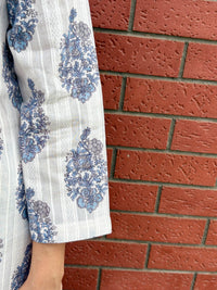 Cotton Dobby handblock kurta set in shades of white & blue