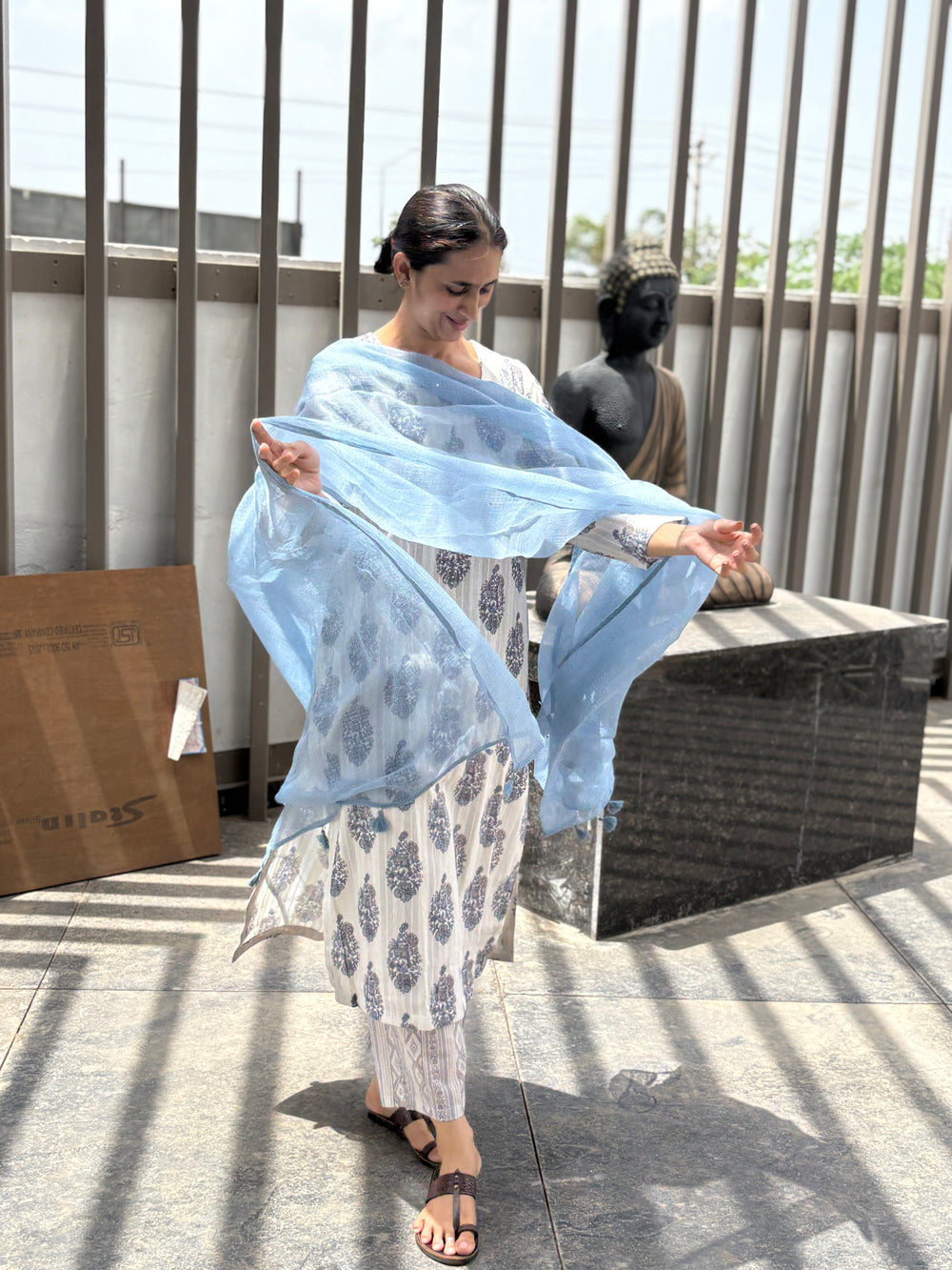 Cotton Dobby handblock kurta set in shades of white & blue