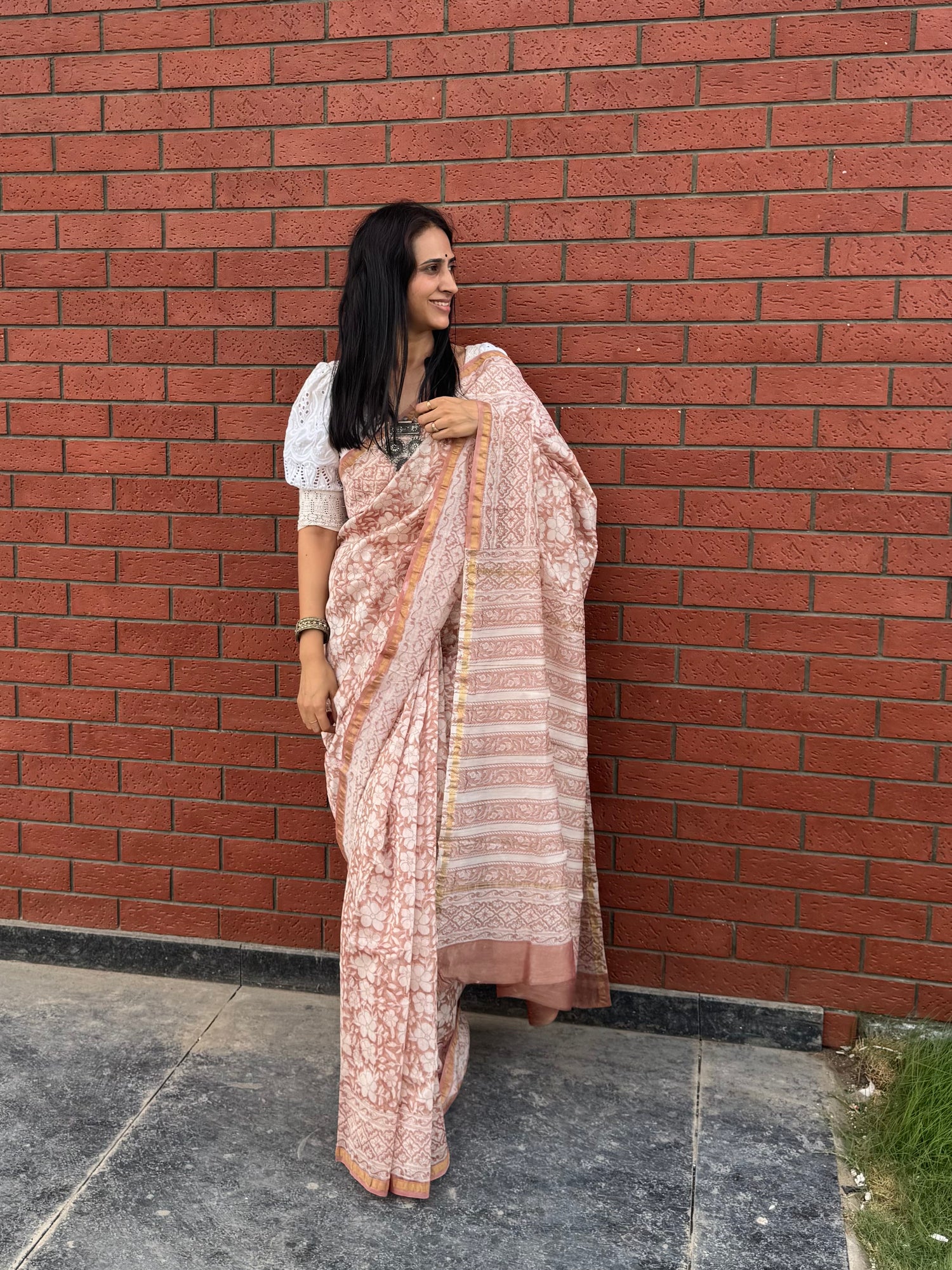 Dusky pink handblock printed cotton silk saree