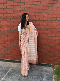 Dusky pink handblock printed cotton silk saree