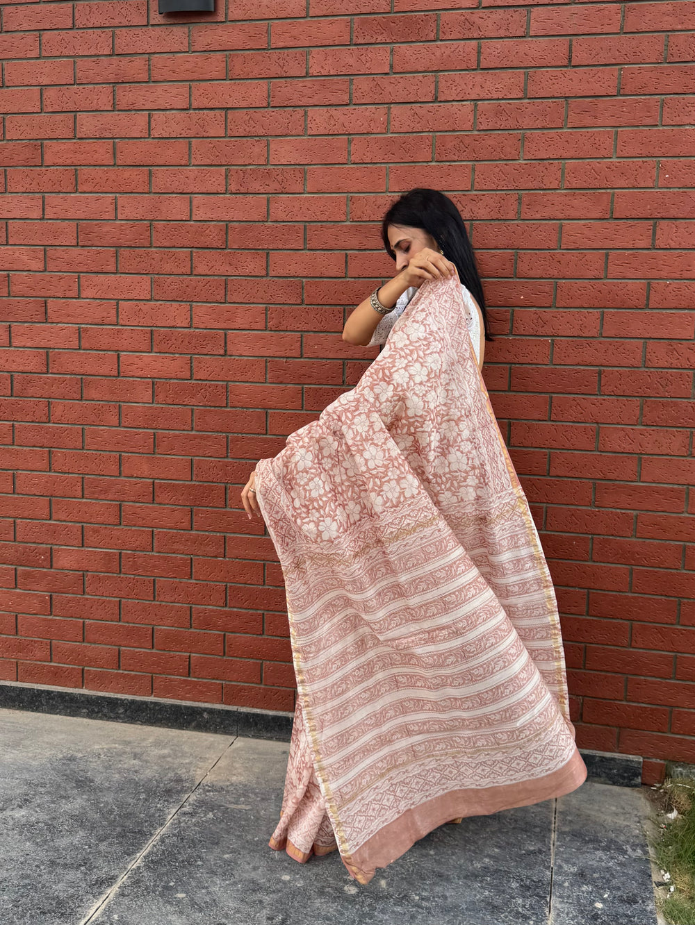 Dusky pink handblock printed cotton silk saree