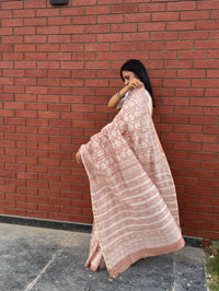 Dusky pink handblock printed cotton silk saree