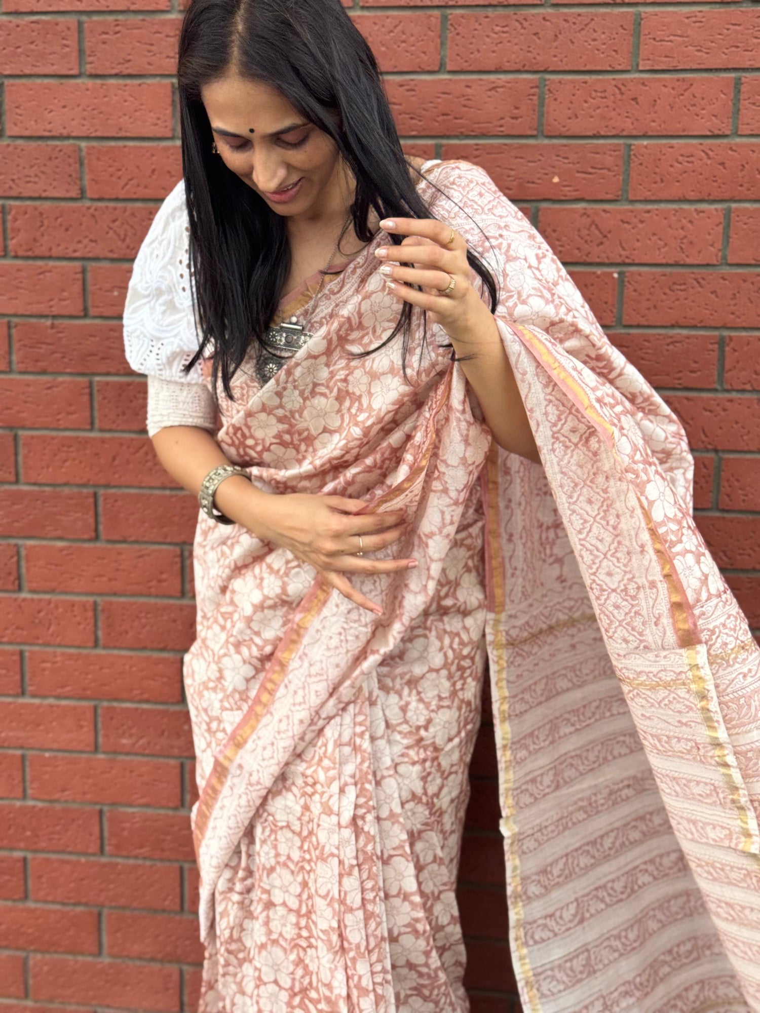 Dusky pink handblock printed cotton silk saree