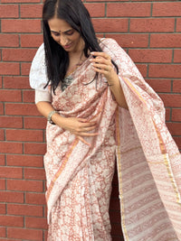 Dusky pink handblock printed cotton silk saree