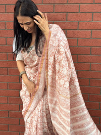 Dusky pink handblock printed cotton silk saree