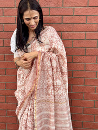 Dusky pink handblock printed cotton silk saree