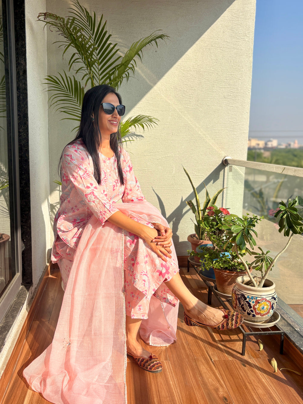 Handblock cotton kurta set in shade of cameo rose pink