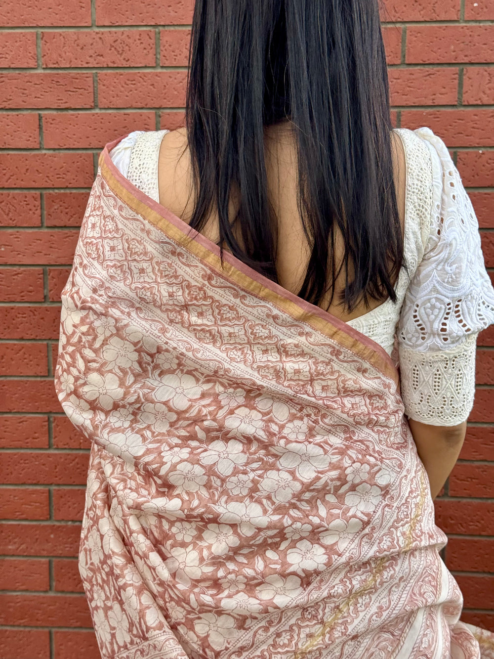 Dusky pink handblock printed cotton silk saree