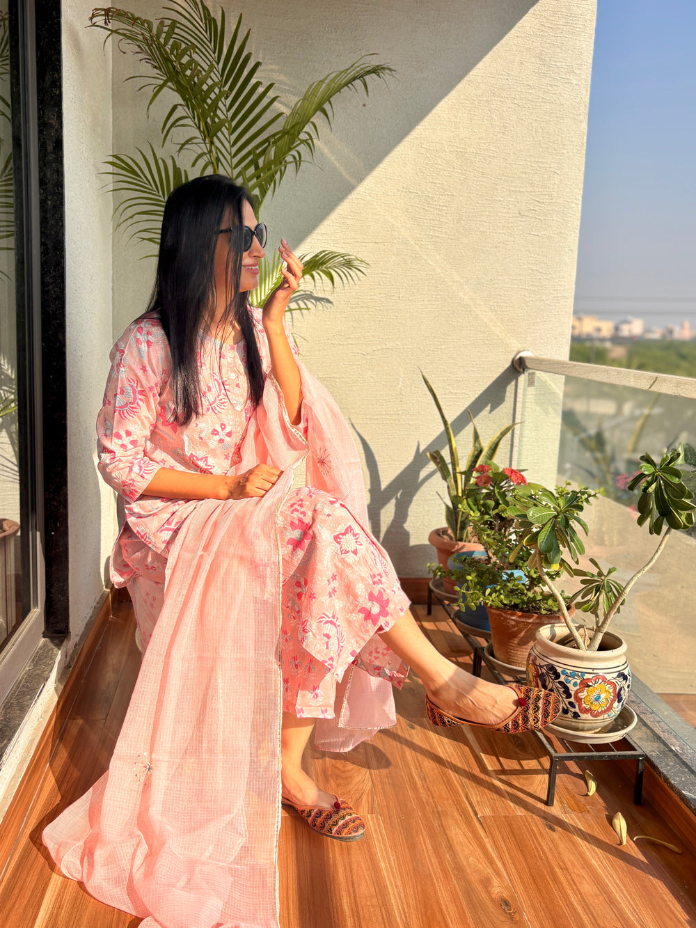 Handblock cotton kurta set in shade of cameo rose pink