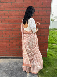 Dusky pink handblock printed cotton silk saree