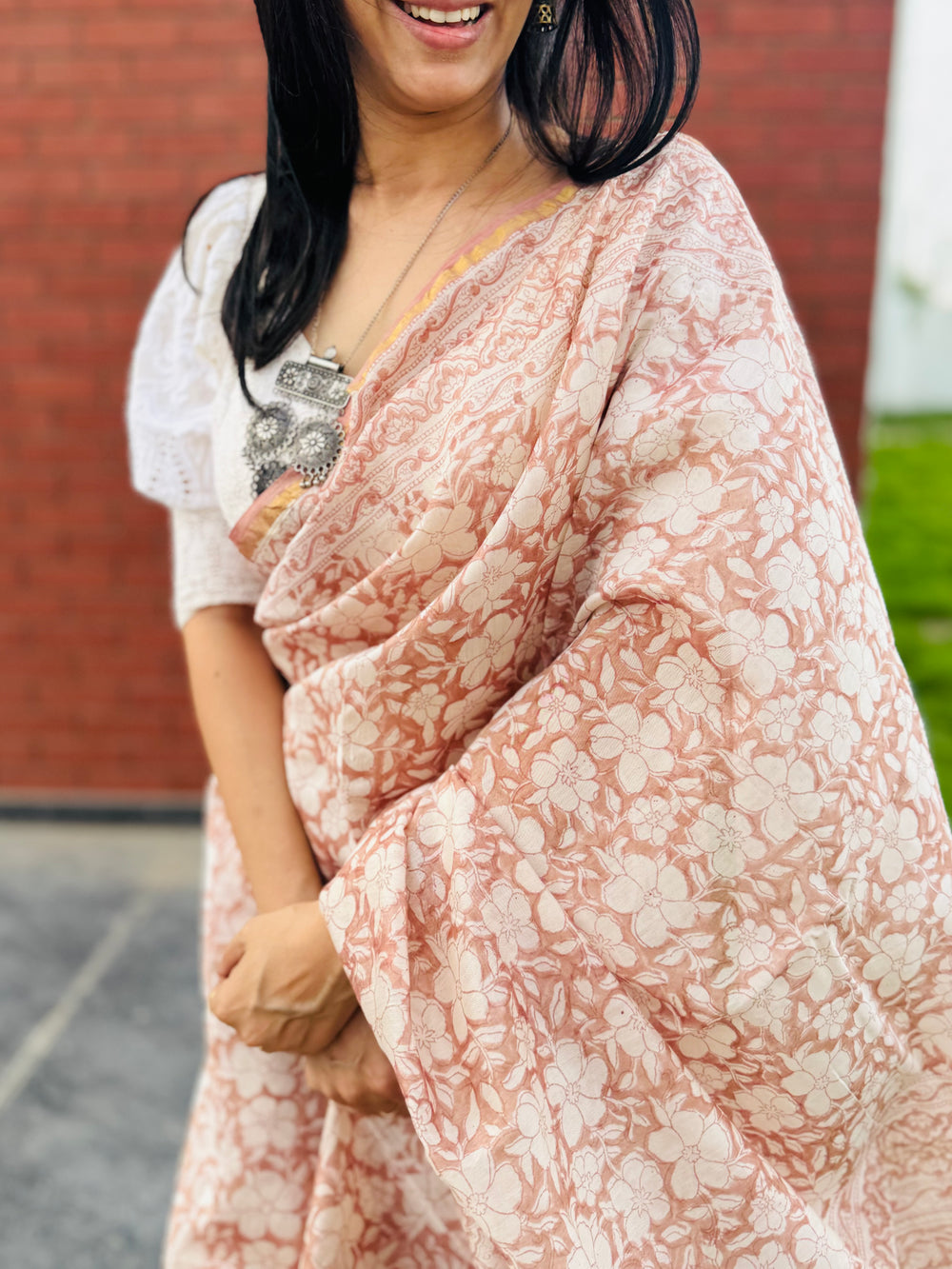 Dusky pink handblock printed cotton silk saree