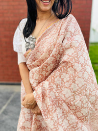Dusky pink handblock printed cotton silk saree