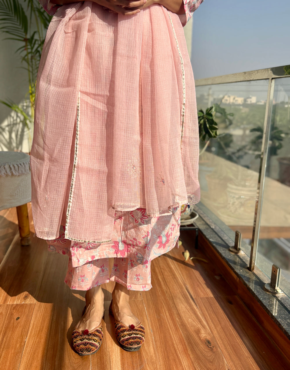 Handblock cotton kurta set in shade of cameo rose pink