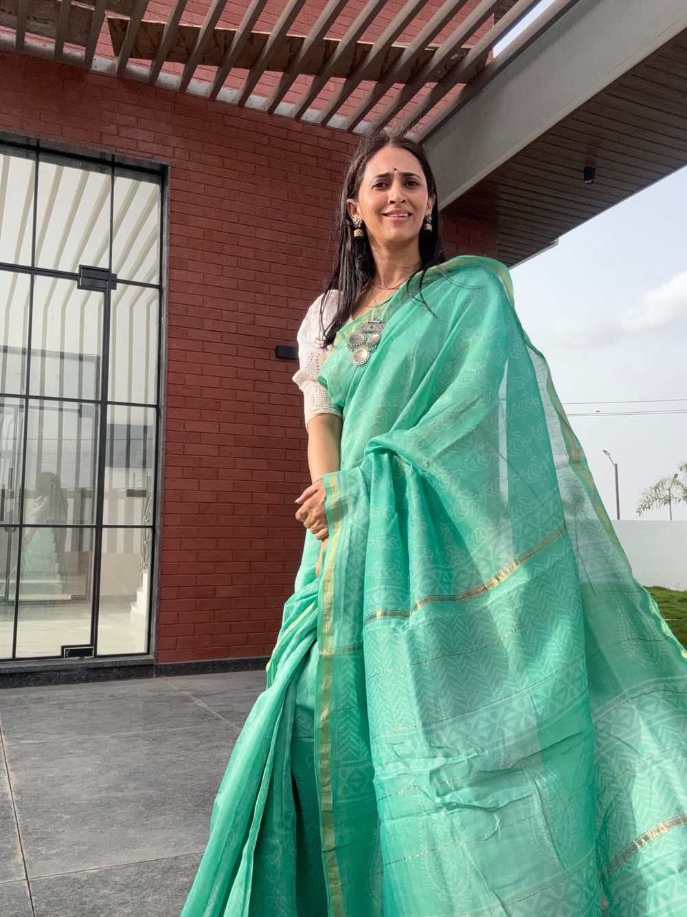 Shades of green handblock printed cotton silk saree