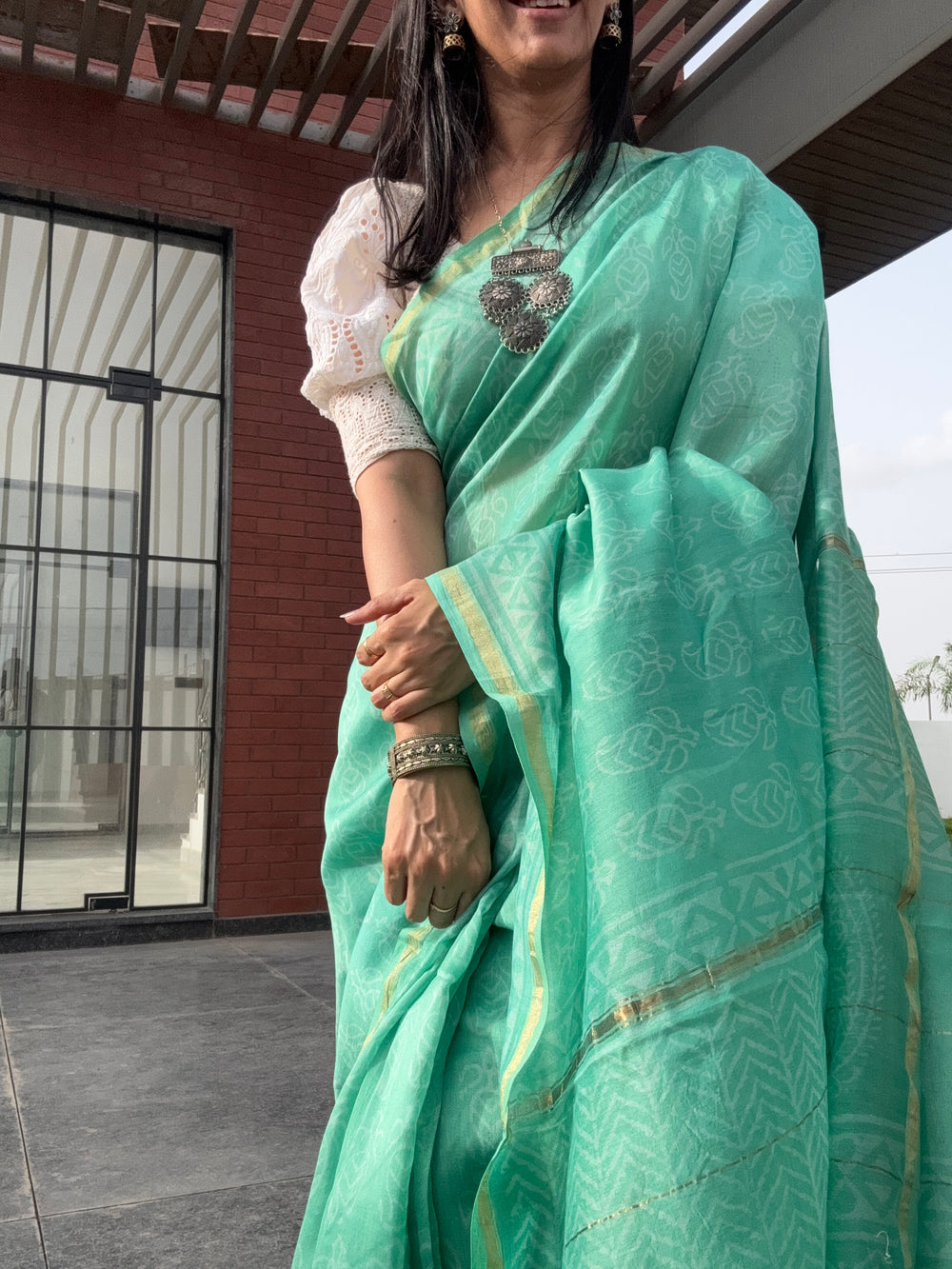 Shades of green handblock printed cotton silk saree