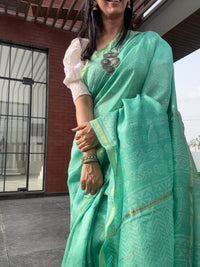 Shades of green handblock printed cotton silk saree