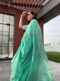 Shades of green handblock printed cotton silk saree