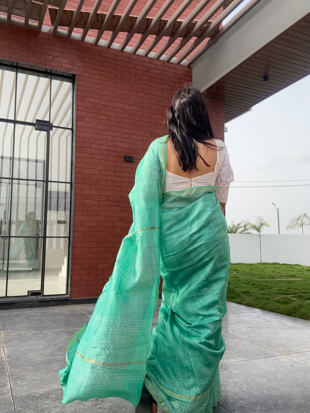 Shades of green handblock printed cotton silk saree