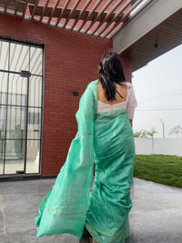 Shades of green handblock printed cotton silk saree