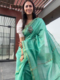 Shades of green handblock printed cotton silk saree