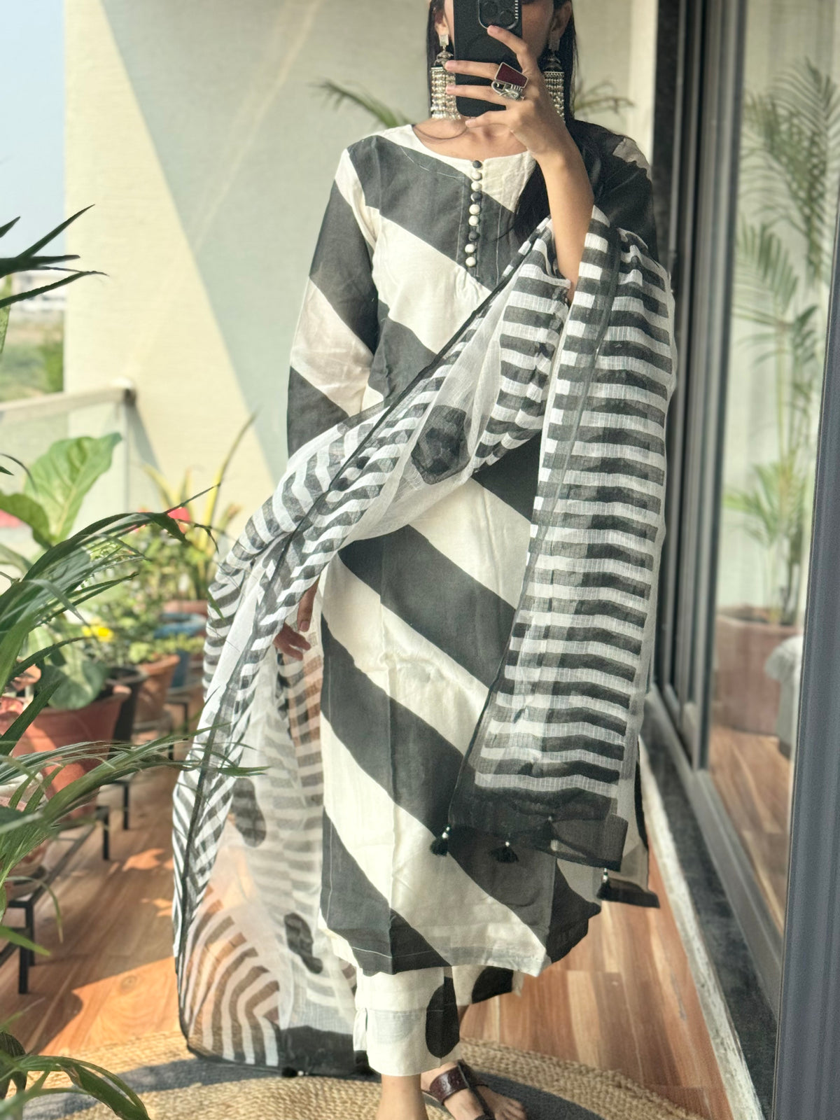 chanderi stripes kurta set in shades of grey & ivory