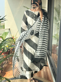 chanderi stripes kurta set in shades of grey & ivory