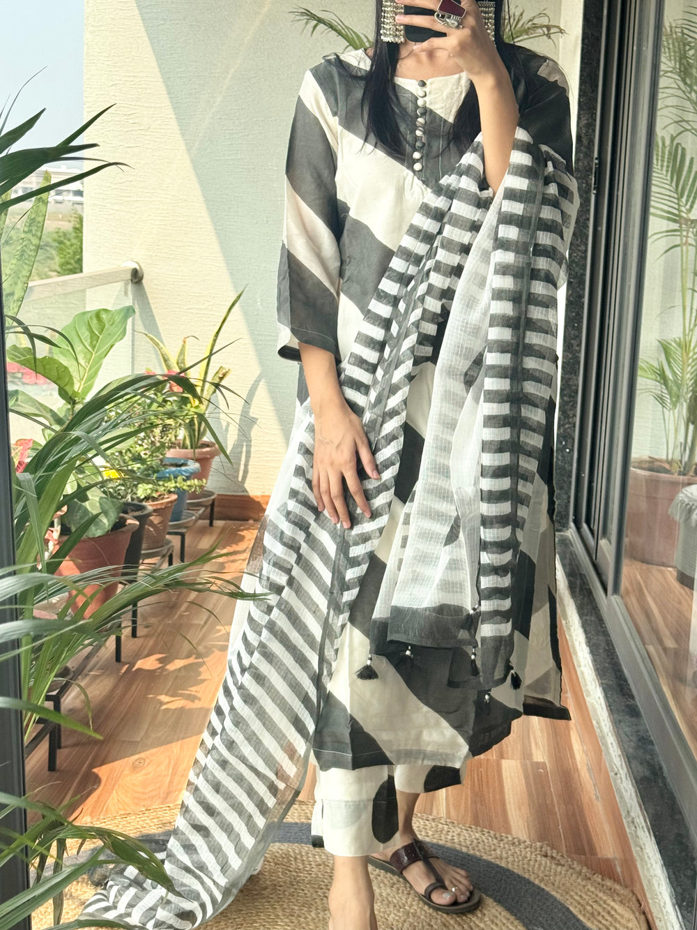 chanderi stripes kurta set in shades of grey & ivory