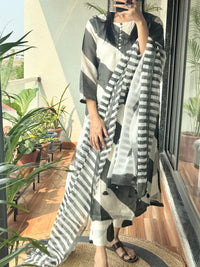 chanderi stripes kurta set in shades of grey & ivory