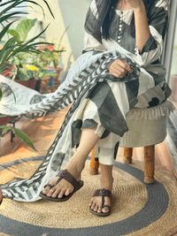 chanderi stripes kurta set in shades of grey & ivory