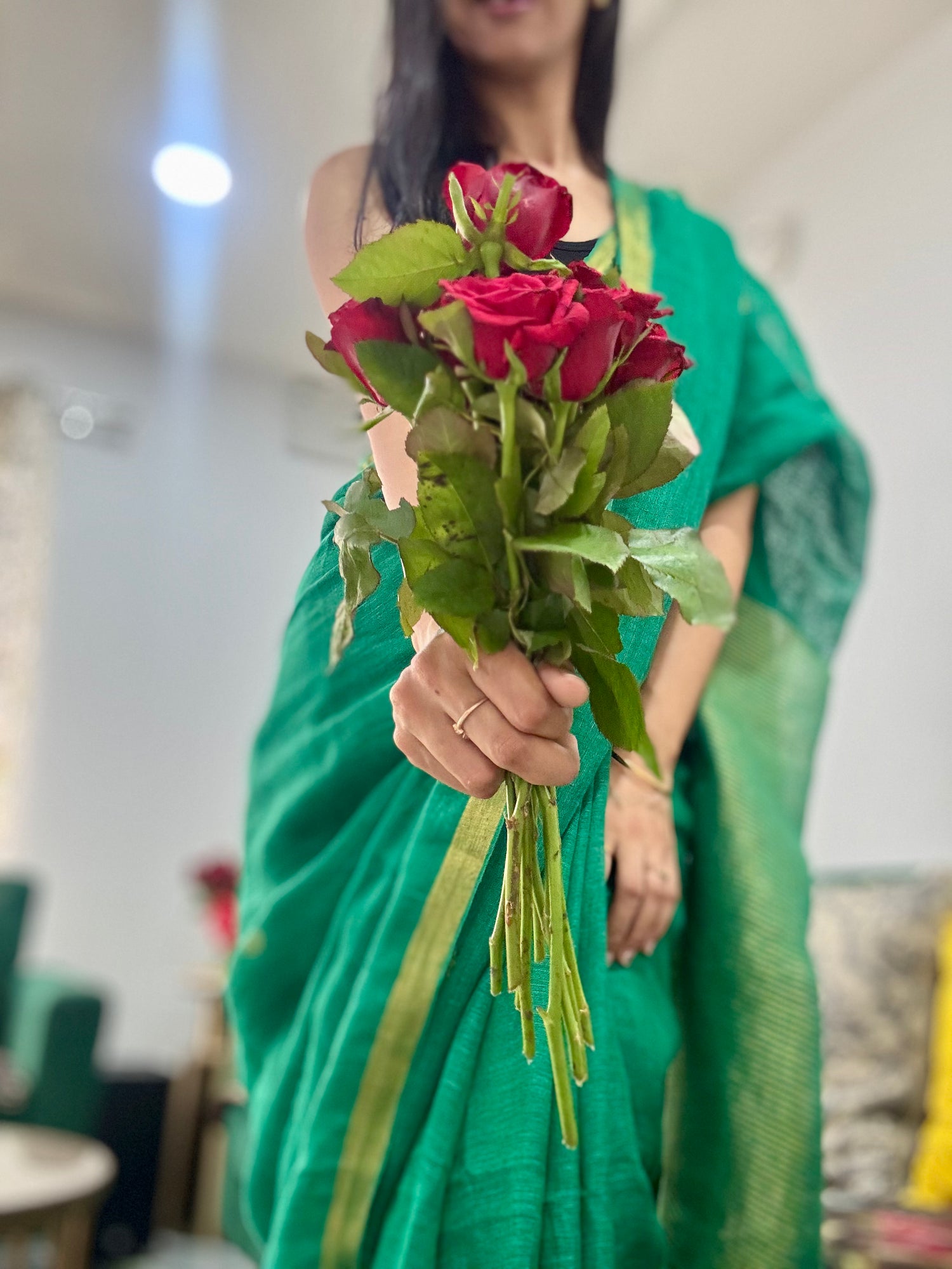 Linen Saree Dark Green