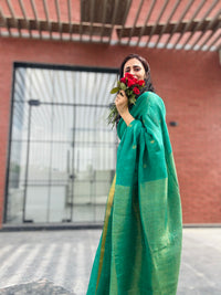 Linen Saree Dark Green