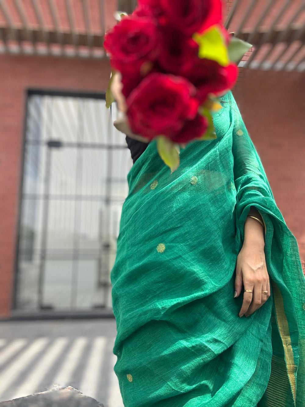 Linen Saree Dark Green