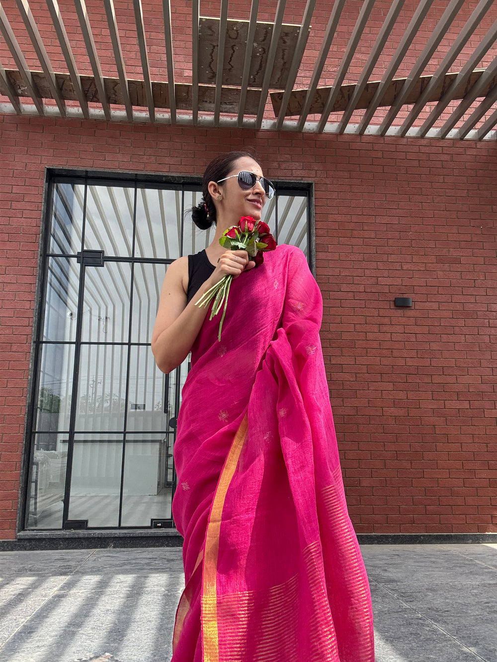 Linen Saree Red