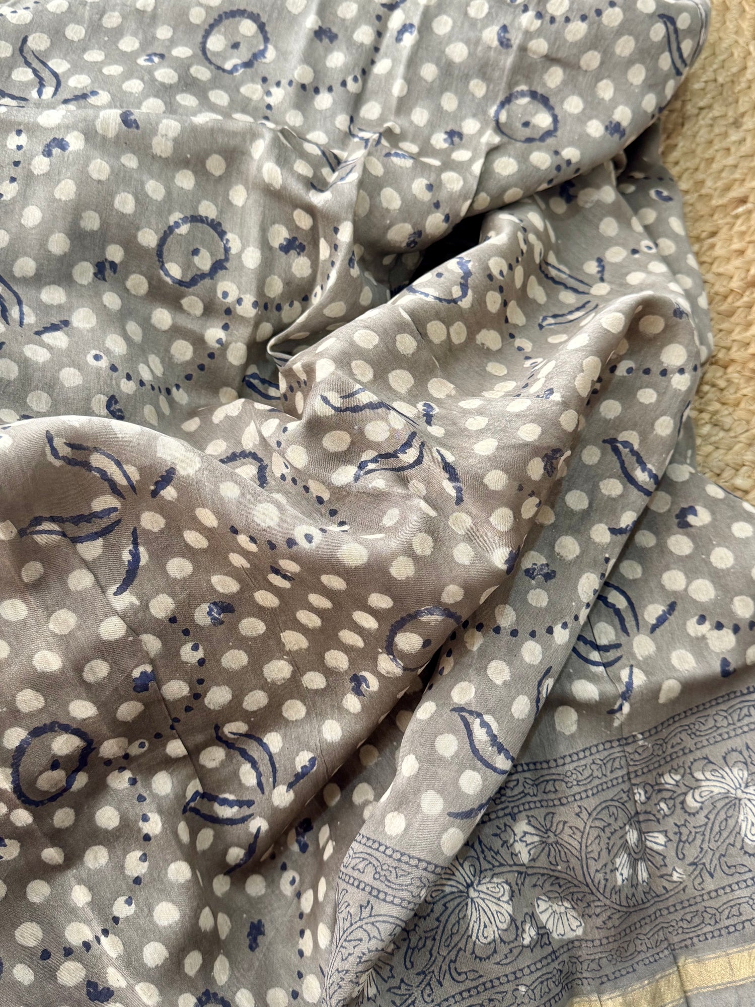 Grey handblock printed cotton silk saree