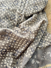 Grey handblock printed cotton silk saree