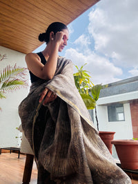 Grey handblock printed cotton silk saree