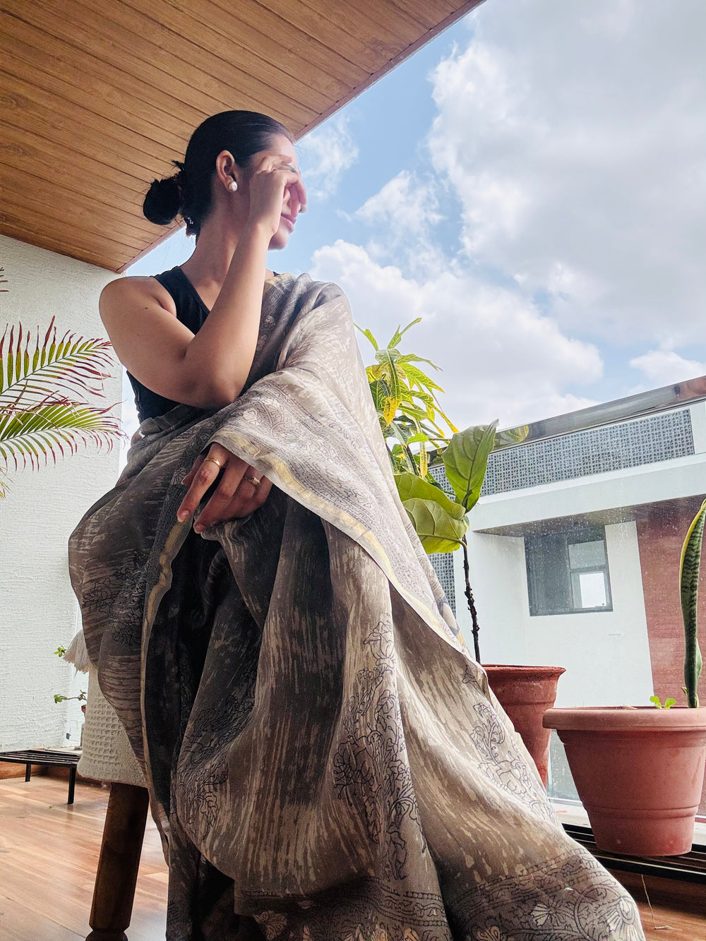 Grey handblock printed cotton silk saree