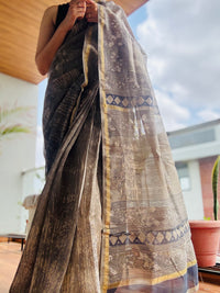 Grey handblock printed cotton silk saree