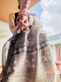Grey handblock printed cotton silk saree