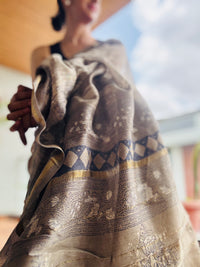 Grey handblock printed cotton silk saree