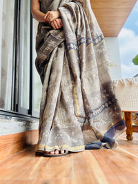 Grey handblock printed cotton silk saree